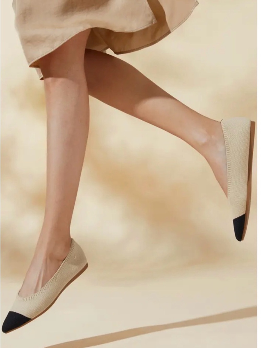Vivaia Classic Cap Toe Knit Ballet Flat - Beige with Black Pointed Toe
